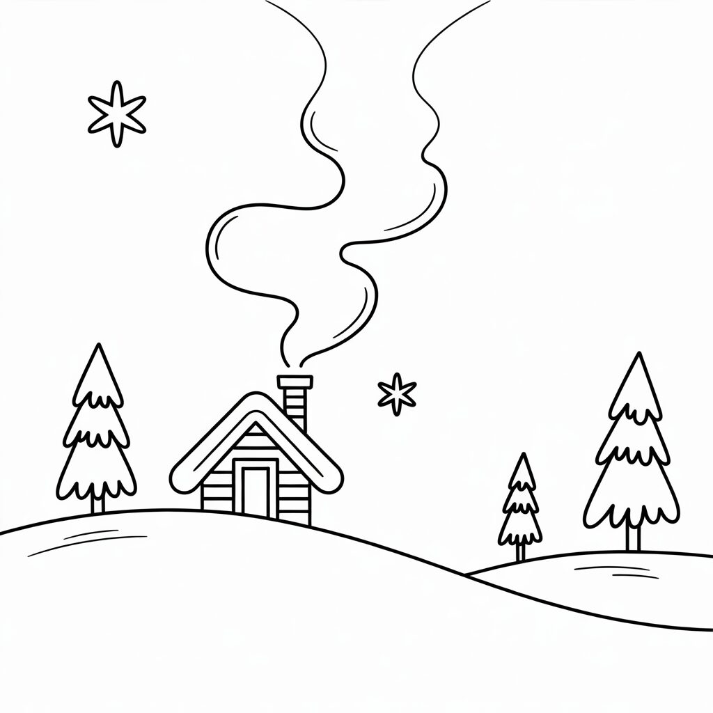 Maison hivernale simple sur la colline à colorier