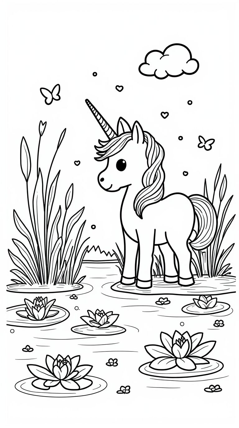 Licorne coloriage ruisseau avec nénuphars