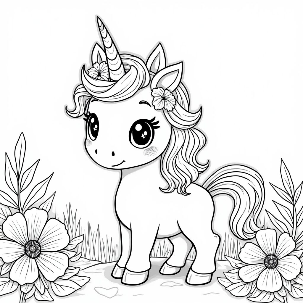 Licorne coloriage fleurs dans le pré