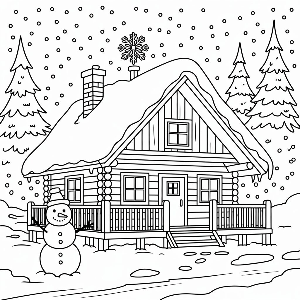 Chalet accueillant avec bonhomme de neige à colorier