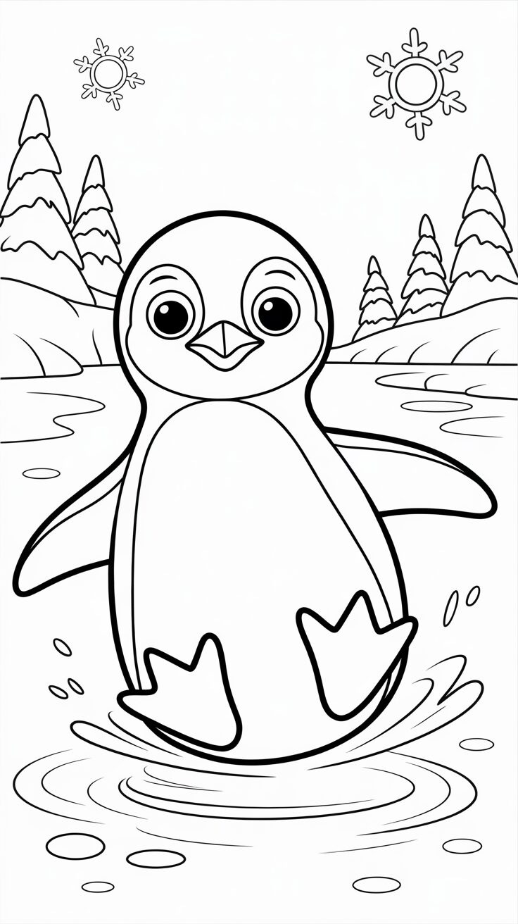 Pingouin glissant sur la glace à colorier