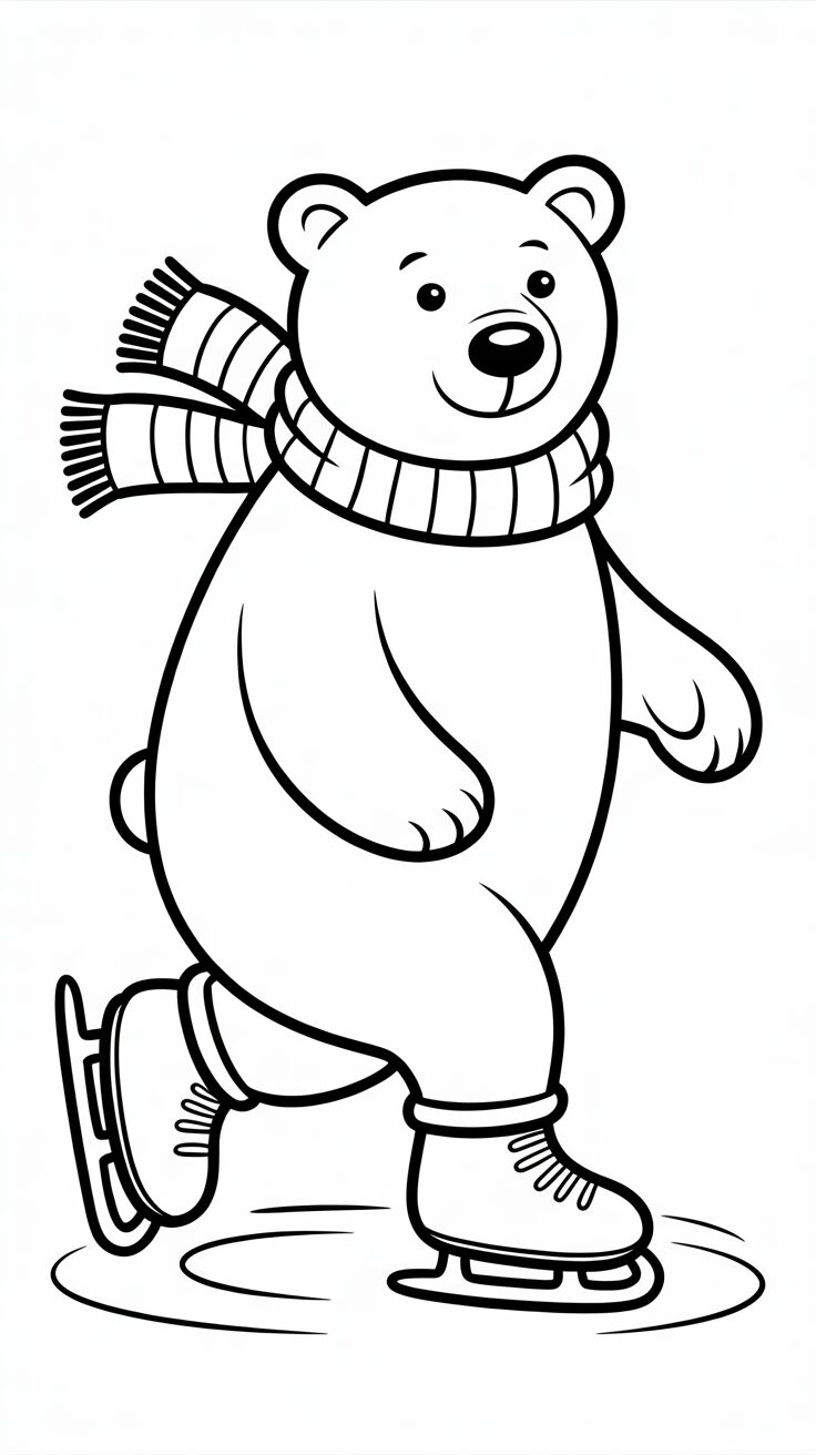 Ours polaire avec écharpe faisant du patin à colorier