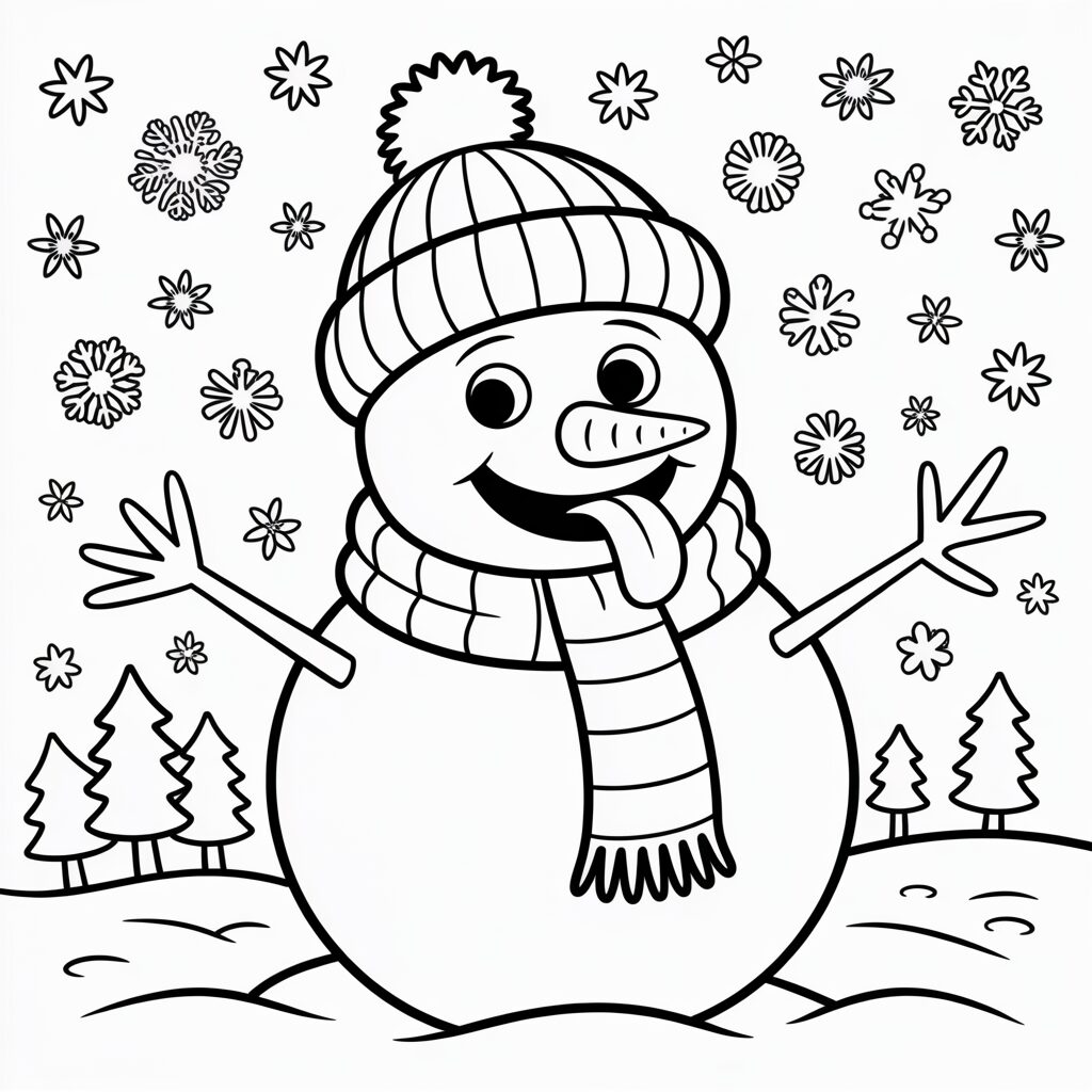 Bonhomme de neige attrapant des flocons de neige à colorier