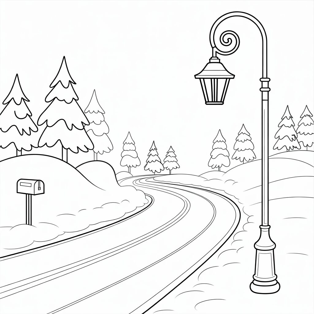 Route enneigée avec lampadaire à colorier