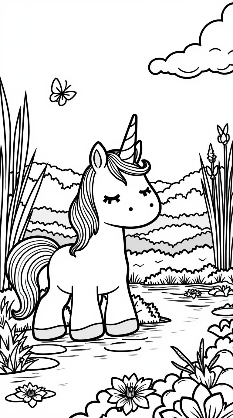Licorne coloriage ruisseau avec nénuphars