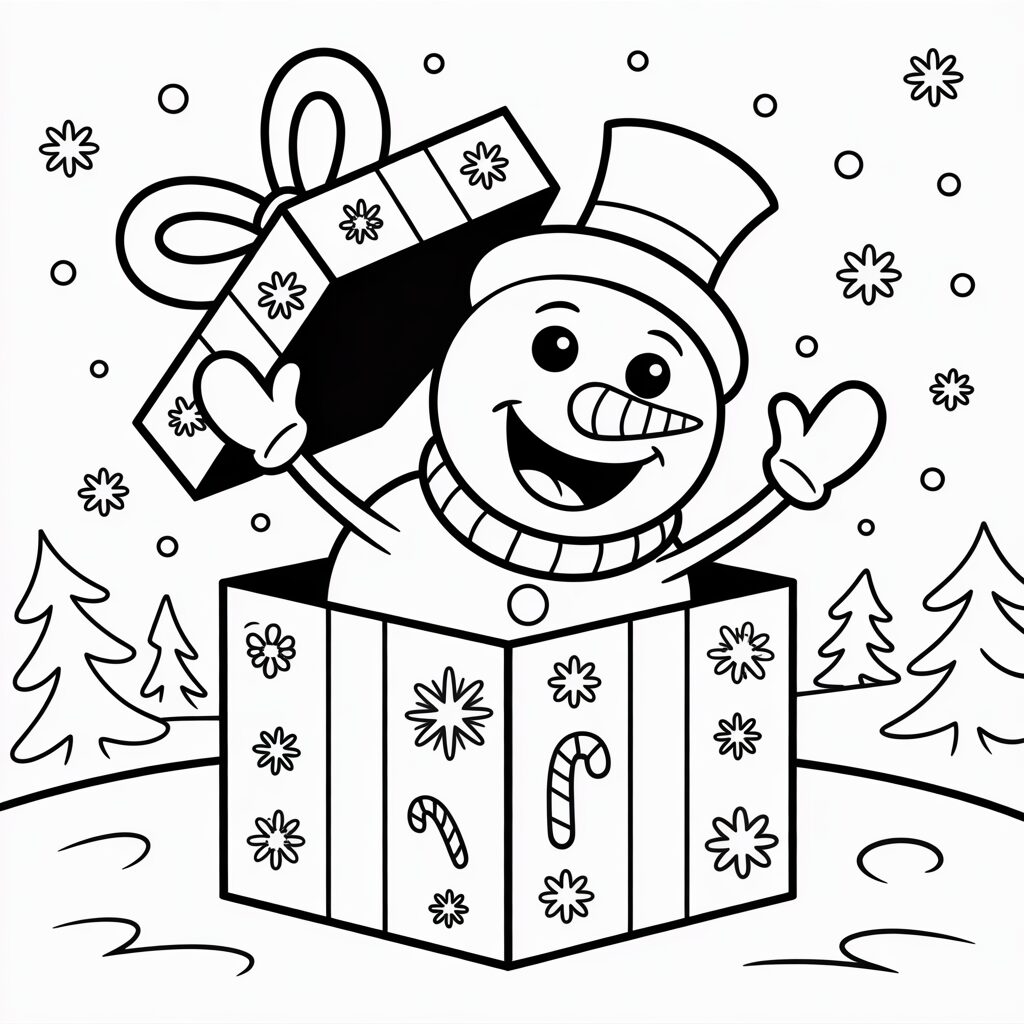 Bonhomme de neige surprise sortant d’une boîte cadeau à colorier