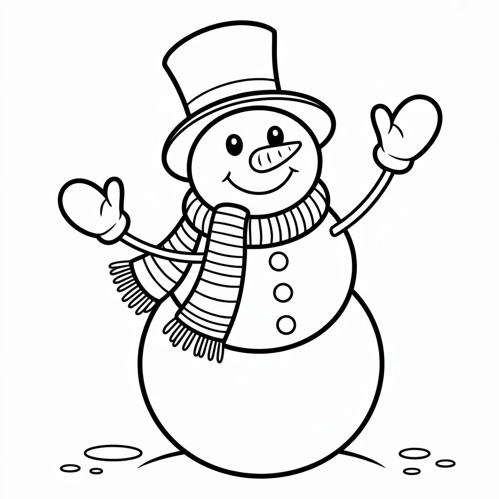 Joyeux bonhomme de neige avec écharpe et chapeau à colorier