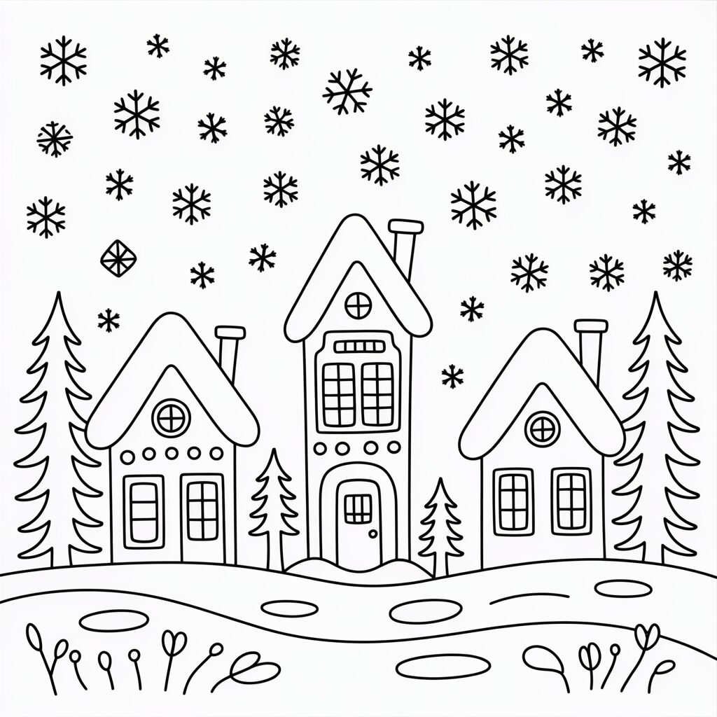 Village hivernal avec trois maisonnettes à colorier