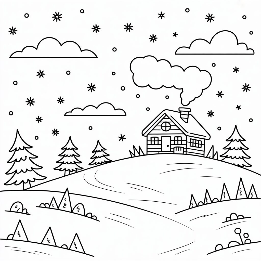 Colline hivernale avec maisonnette et flocons de neige à colorier