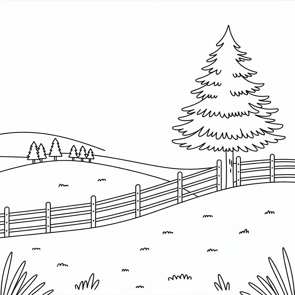 Paysage hivernal avec clôture en bois à colorier