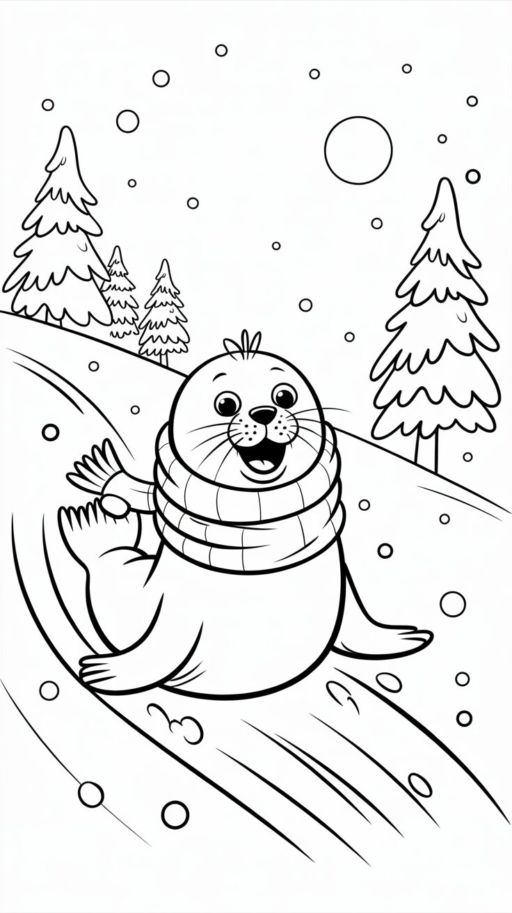Phoque avec écharpe sur la colline de luge à colorier