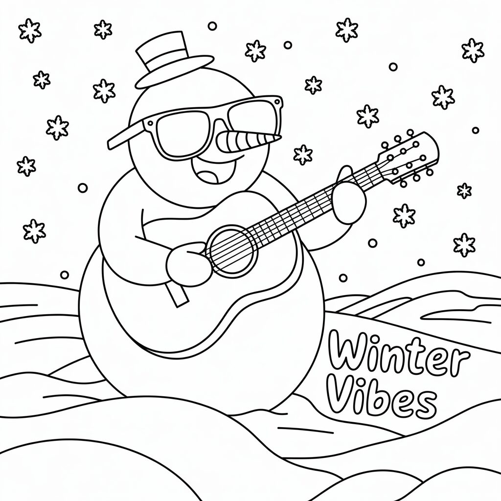 Bonhomme de neige chanteur avec guitare à colorier