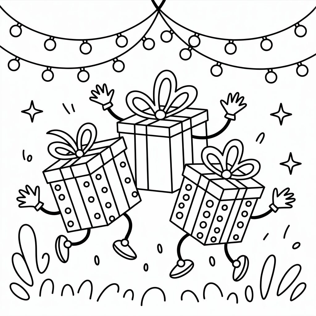 Coloriage cadeaux de Noël dansants pour enfants