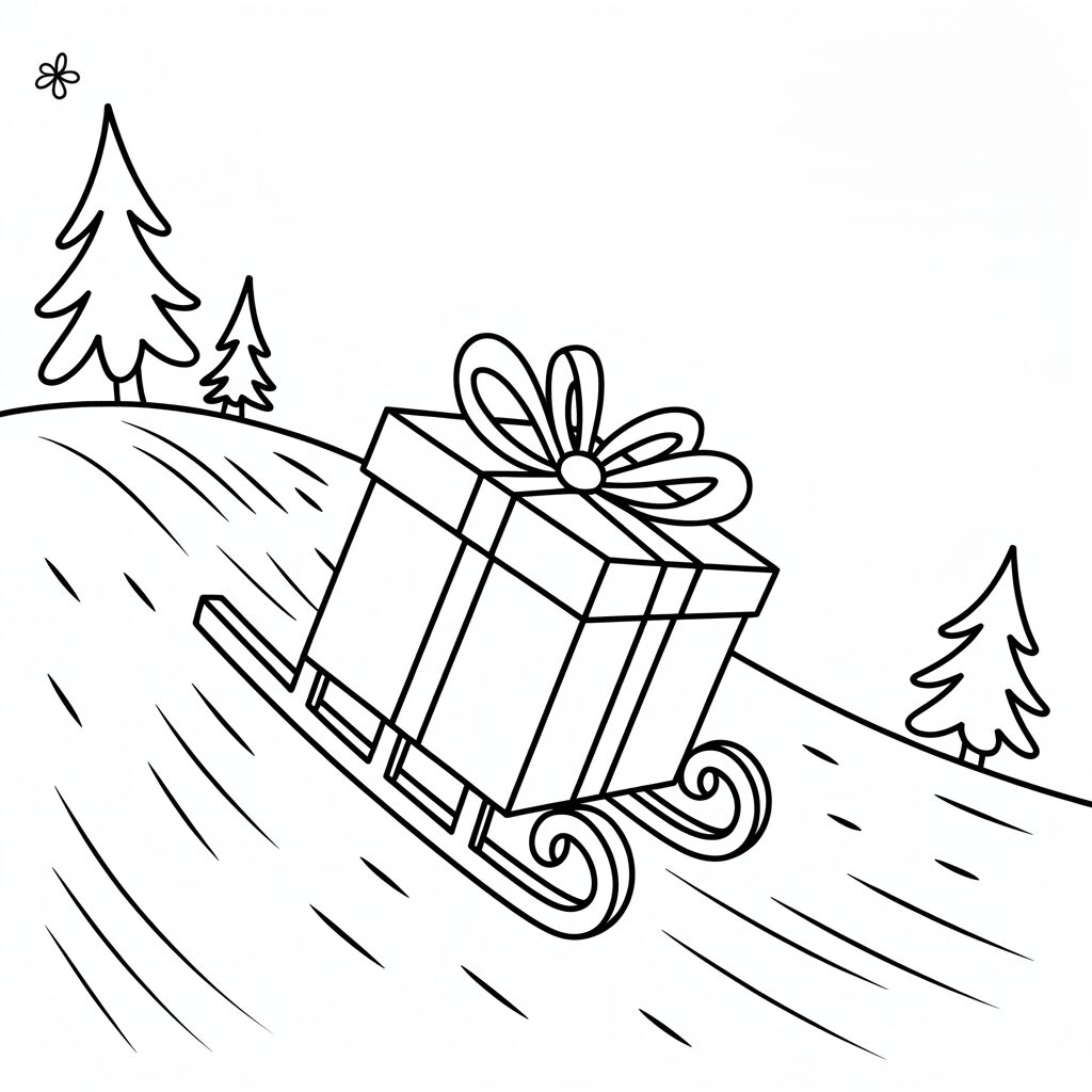 Coloriage cadeau de Noël avec traîneau gratuit