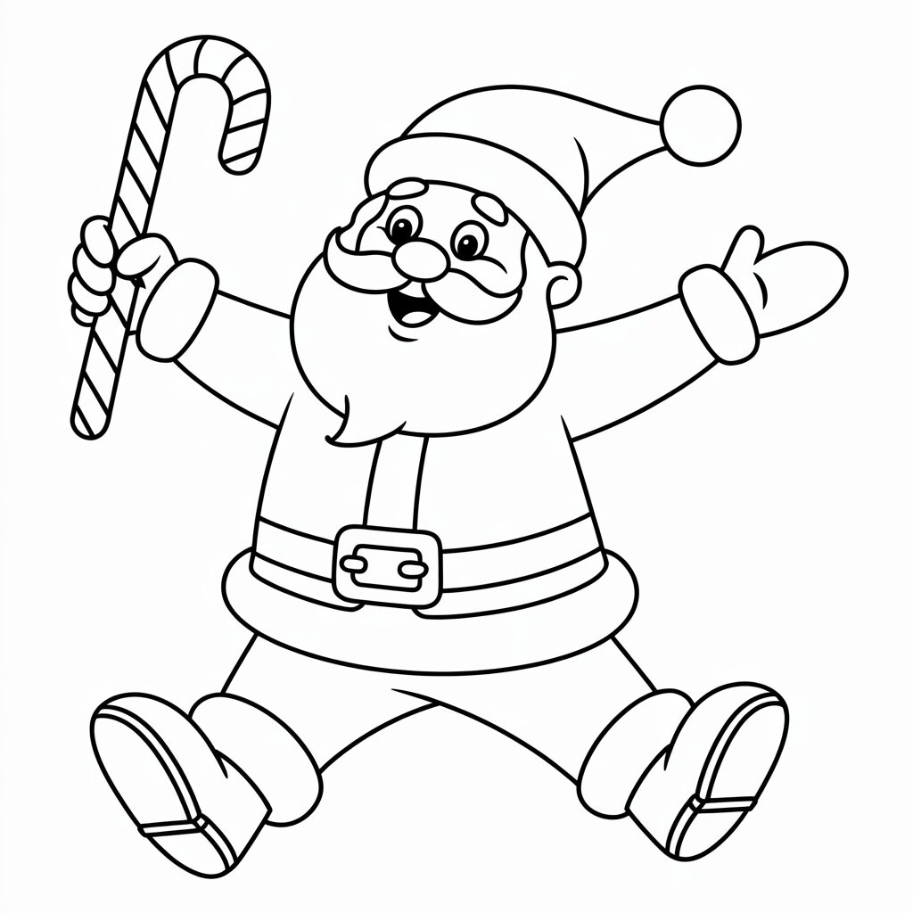 Coloriage Père Noël avec une canne en sucre pour enfants