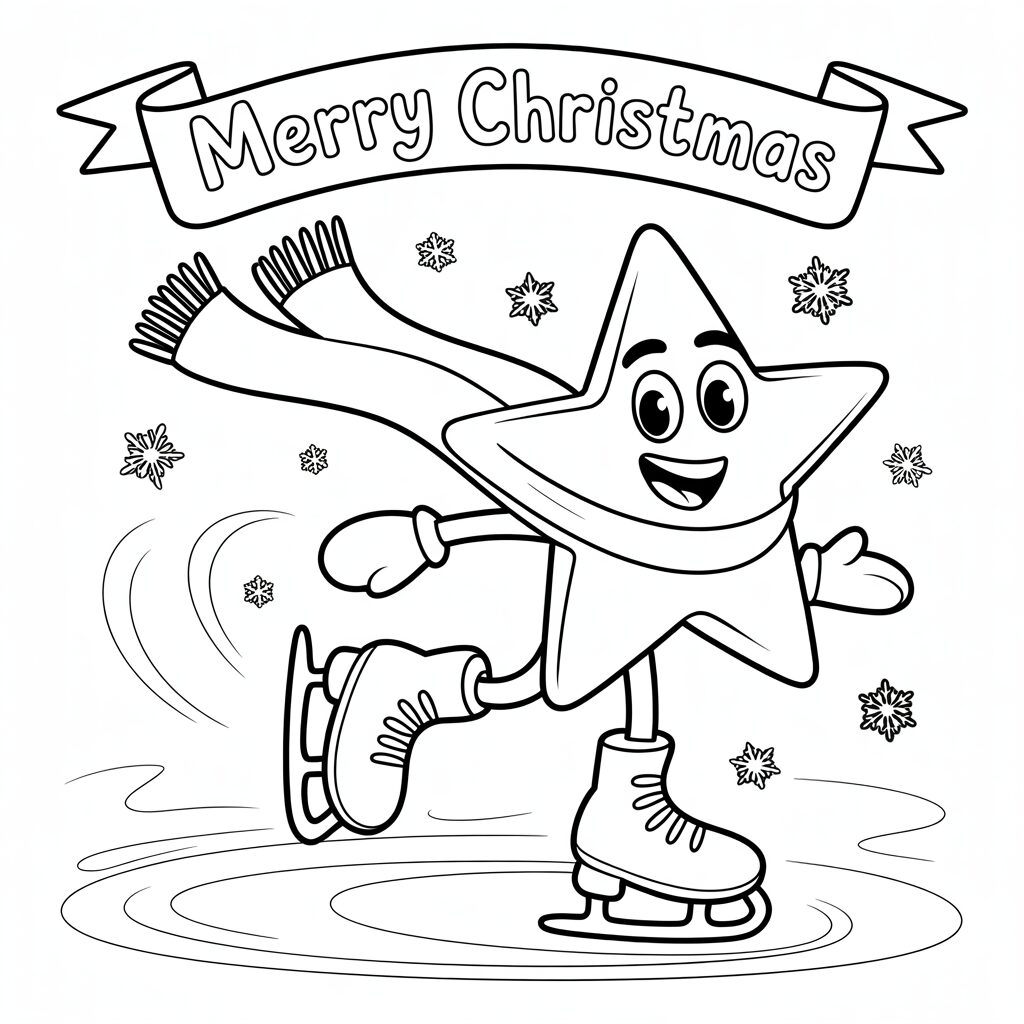 Coloriage étoile de Noël faisant du patin à glace Merry Christmas
