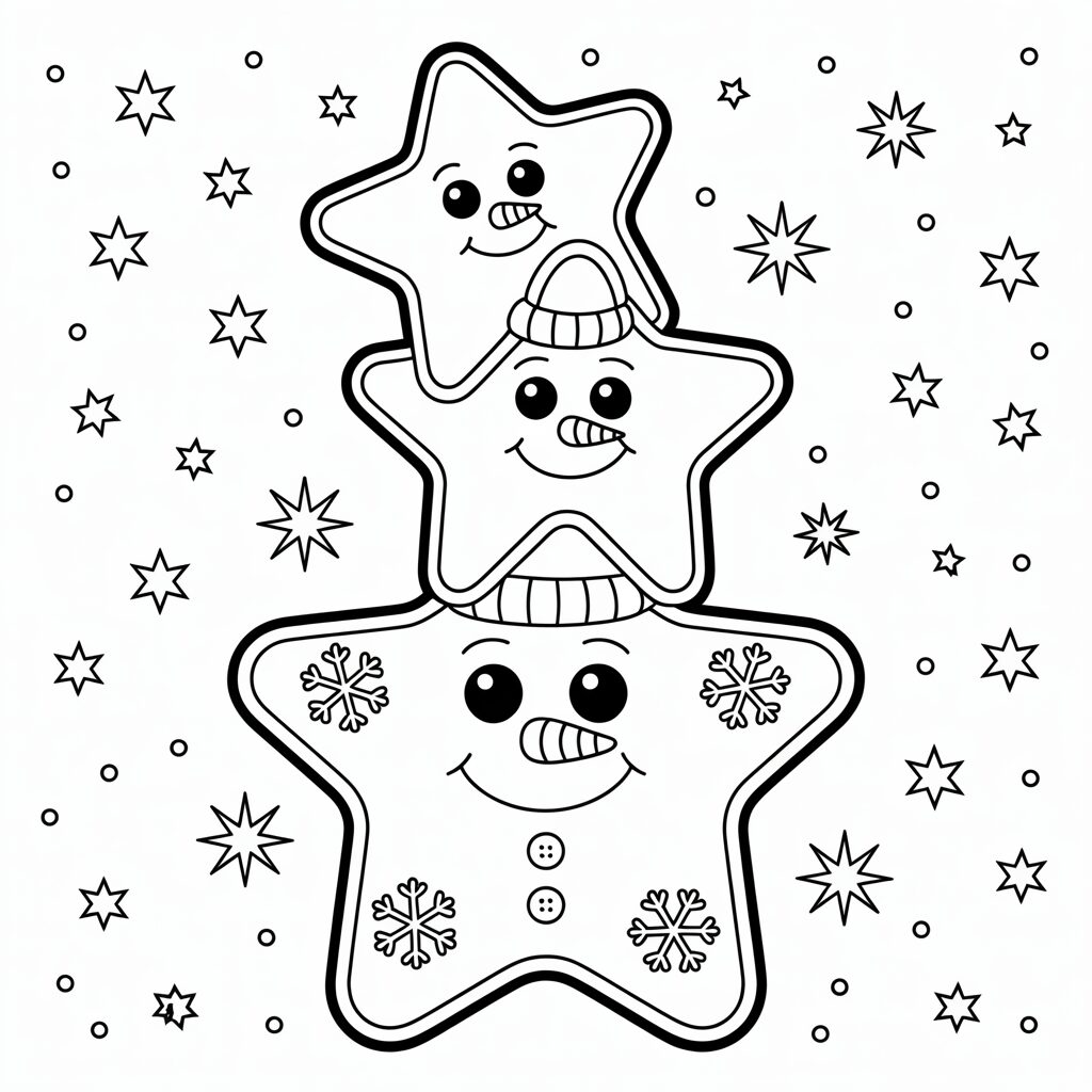 Coloriage étoile de Noël avec bonhommes de neige empilés