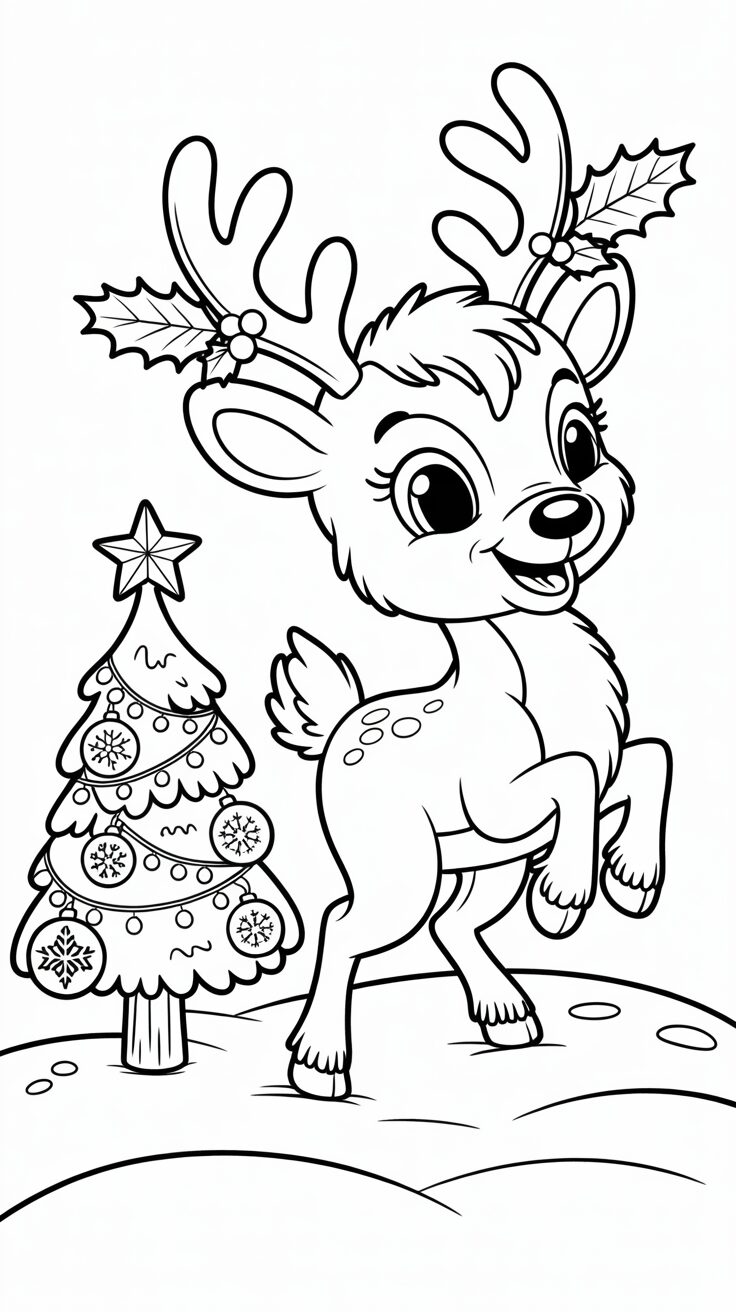 Coloriage renne avec sapin de Noël pour enfants