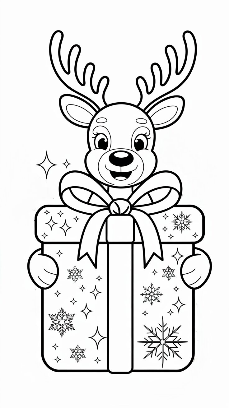 Coloriage renne avec cadeau pour enfants