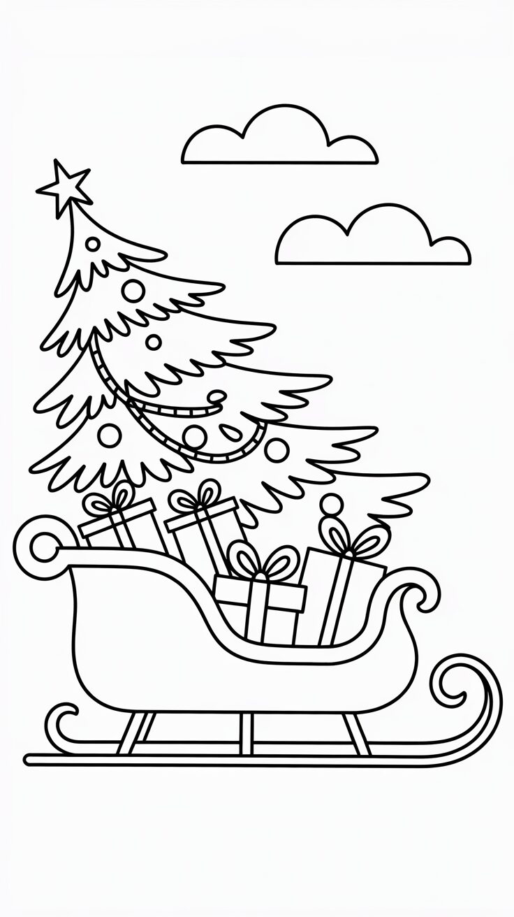 Coloriage traîneau avec sapin de Noël simple