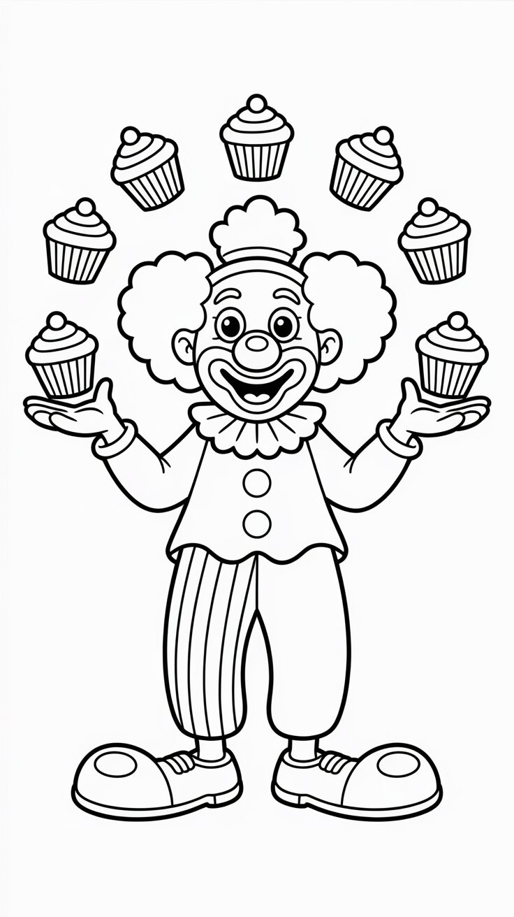 Clown jonglant avec des cupcakes