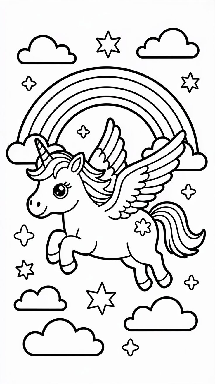 Coloriage de licornes au pays de l’arc-en-ciel à télécharger gratuitement