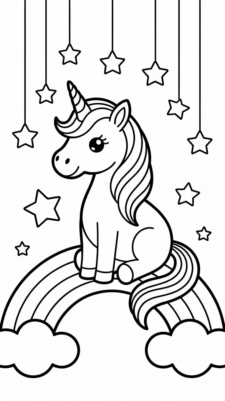 Licornes au pays de l’arc-en-ciel – coloriage facile à télécharger
