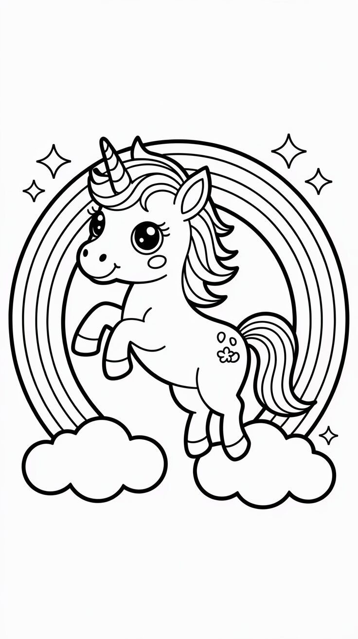 Coloriage de licornes au pays de l’arc-en-ciel gratuit