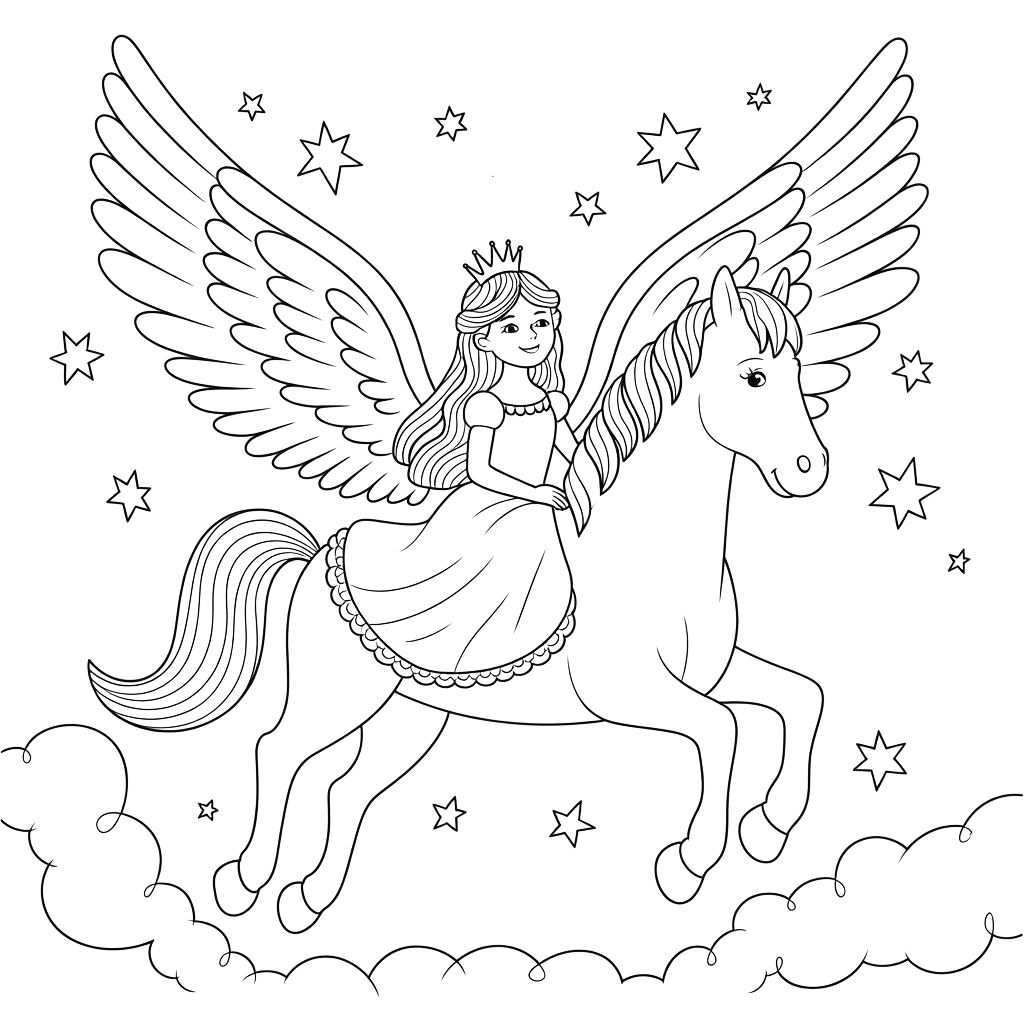 Princesse sur un cheval magique image à colorier print