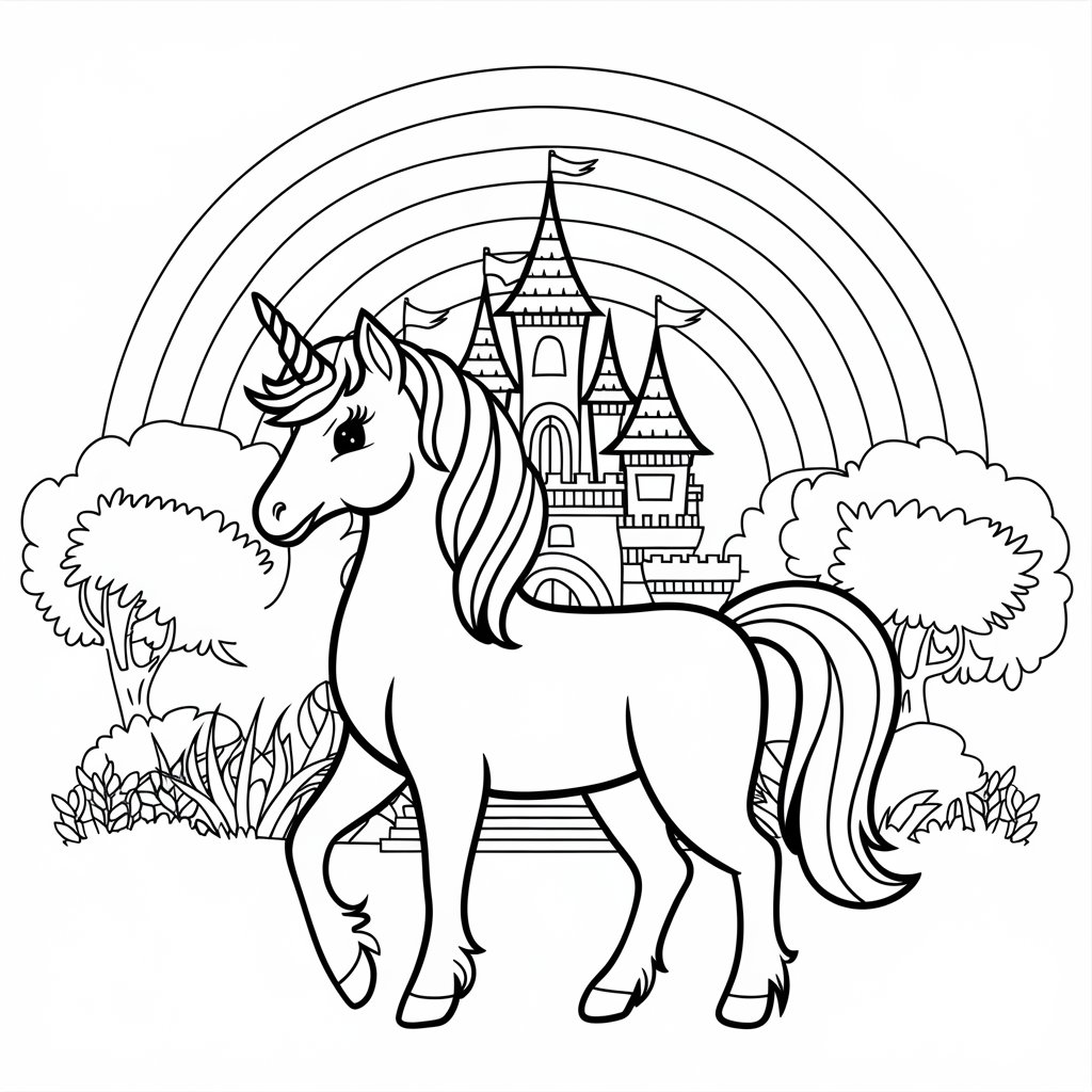 coloriage licorne avec arc en ciel