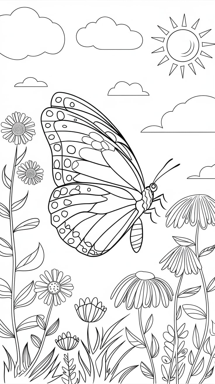 coloriage papillon et fleur