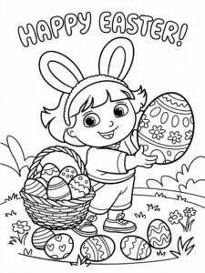 Coloriage Dora avec panier de Pâques