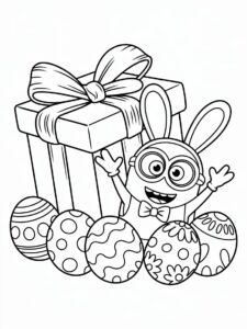 Coloriage Minion avec œufs de Pâques et cadeau