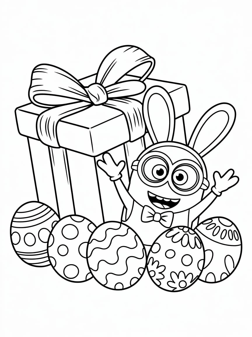 Coloriage Minion avec œufs de Pâques et cadeau