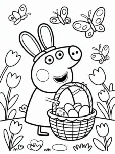 Coloriage Peppa Pig avec panier de Pâques – Aventure