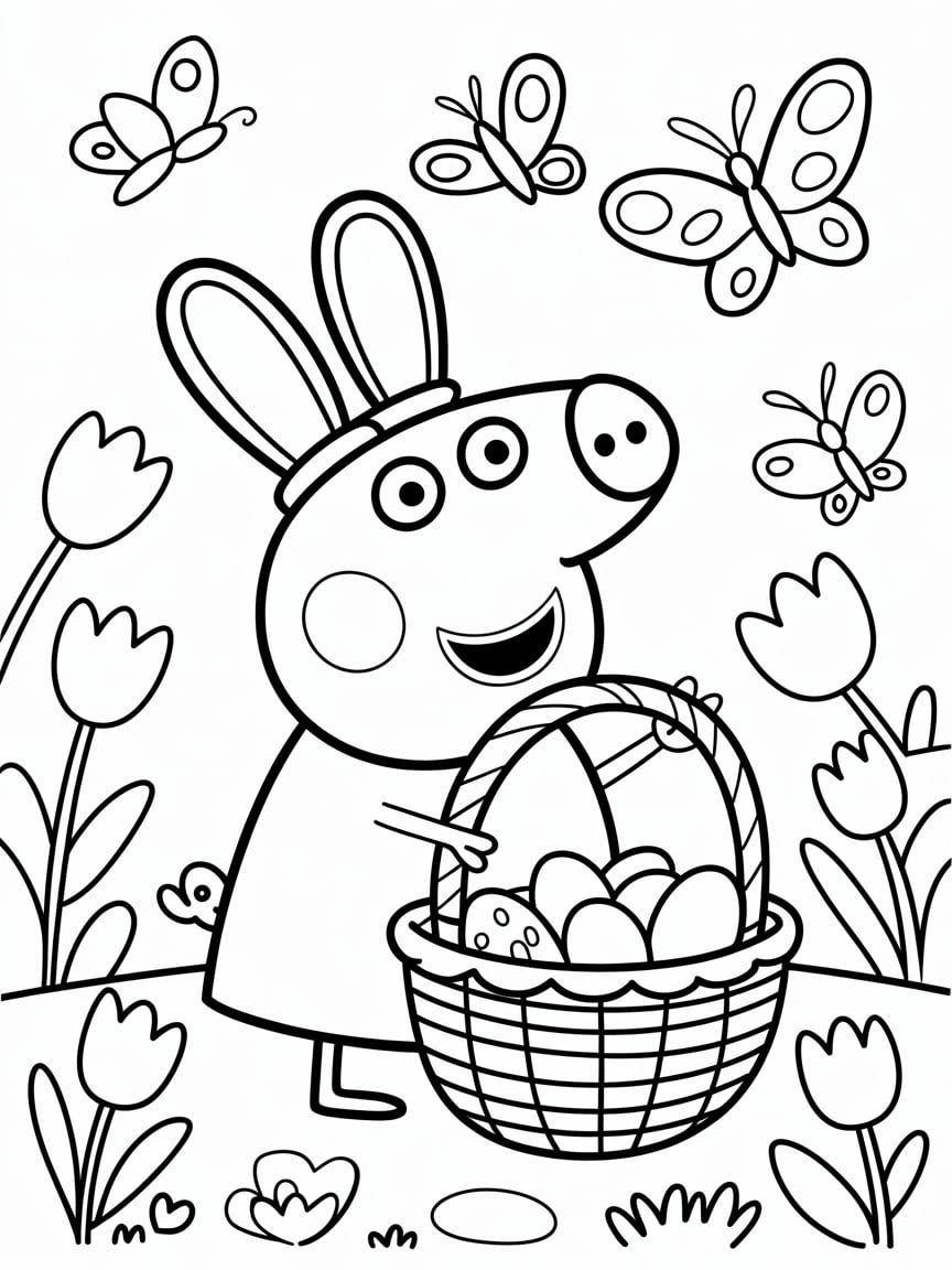 Coloriage Peppa Pig avec panier de Pâques – Aventure