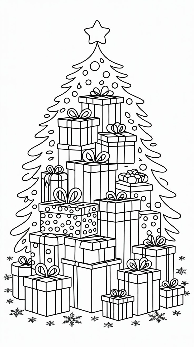 Montagne de cadeaux sous le sapin – dessin à colorier