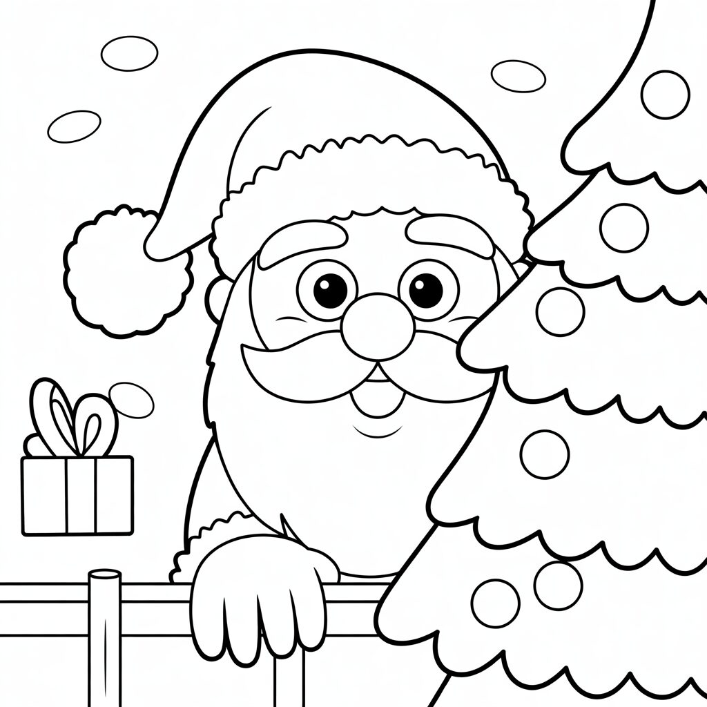 Père Noël regarde derrière le sapin – dessin à colorier
