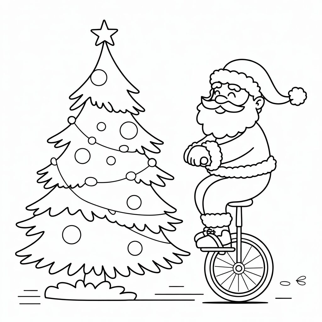 Père Noël sur un monocycle avec sapin – dessin à colorier