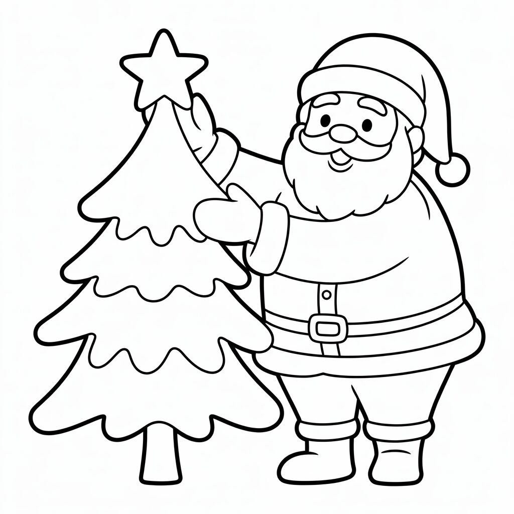 Père Noël met l étoile sur le sapin – dessin à colorier