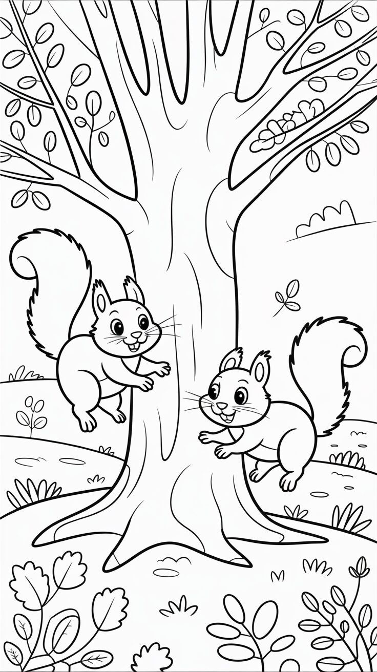 Coloriage écureuils près de l’arbre