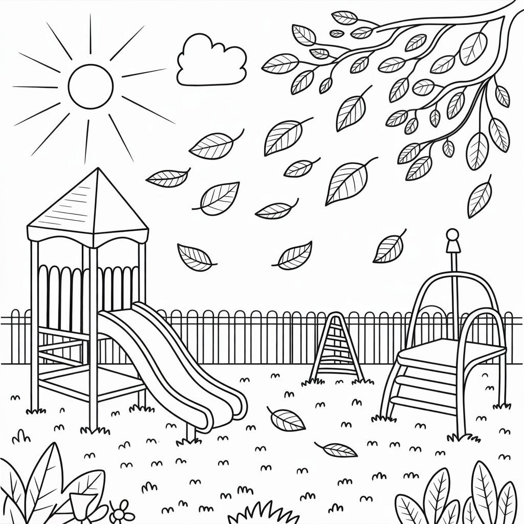 Coloriage automne dans la cour de récréation
