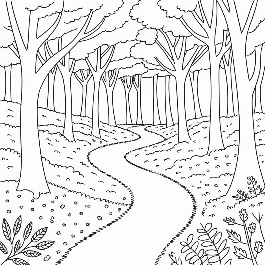 Coloriage forêt d’automne avec chemin sinueux