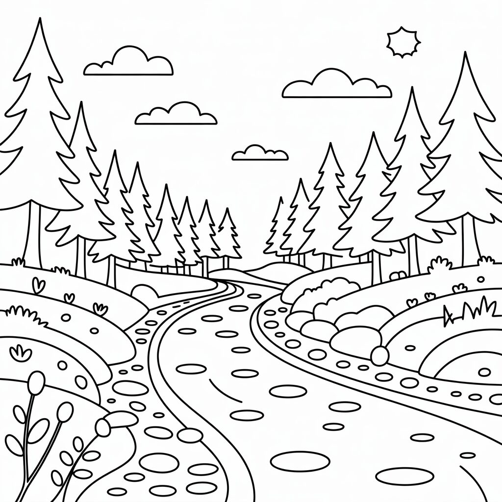 Coloriage paysage d’automne avec rivière