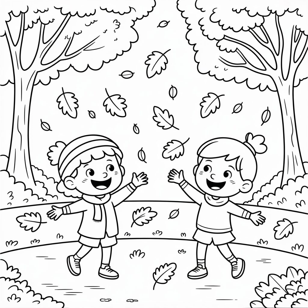 Coloriage enfants avec des feuilles qui tombent