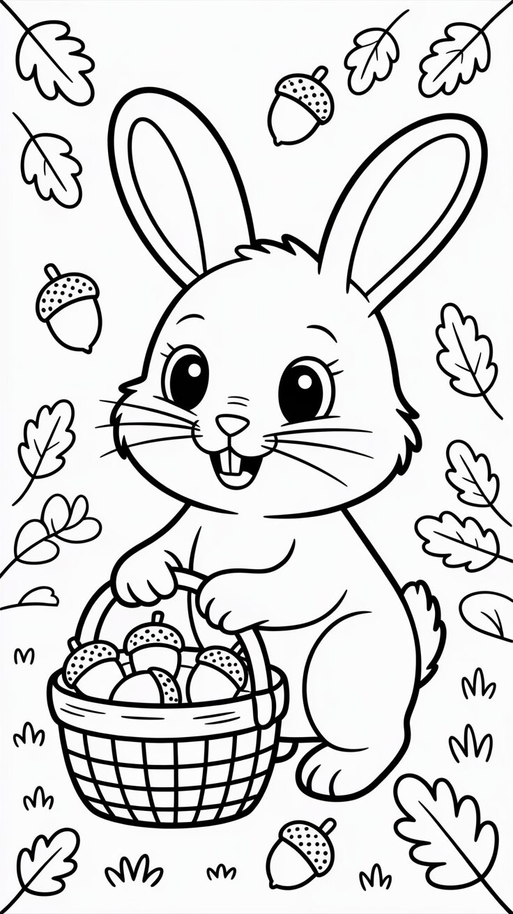 Coloriage lapin avec un panier de glands