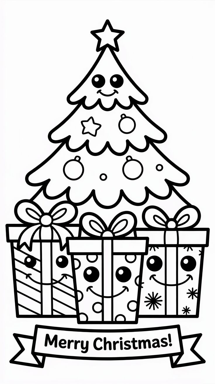 Cadeaux rieurs sous le sapin – dessin à colorier