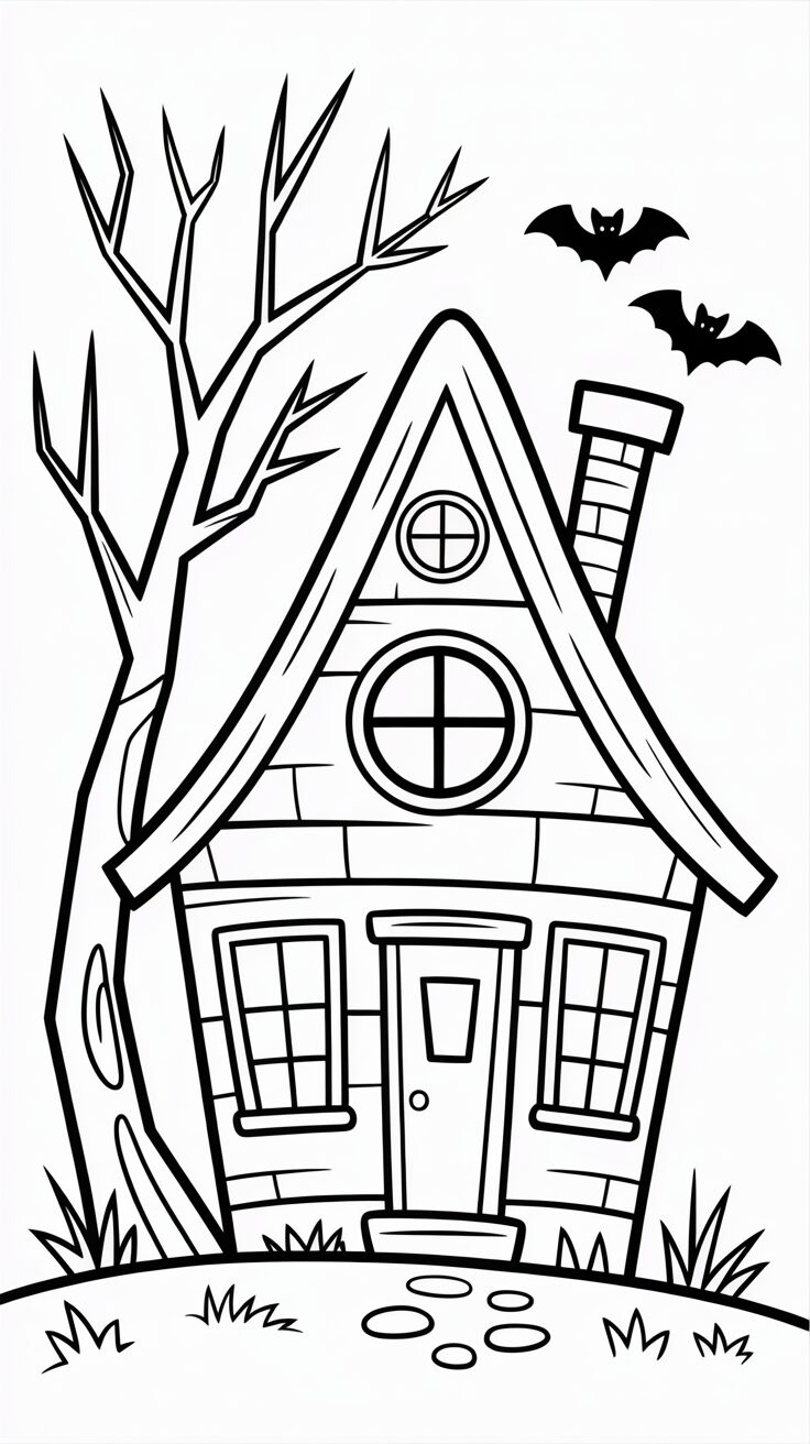 Coloriage de maison hantée d’Halloween imprimable en PDF.