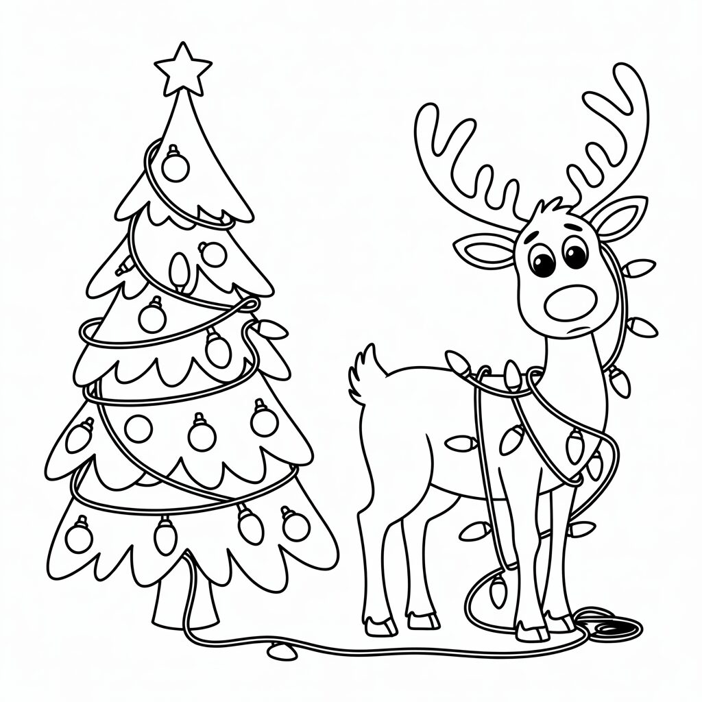 Renne coincé dans les lumières de Noël – dessin à colorier