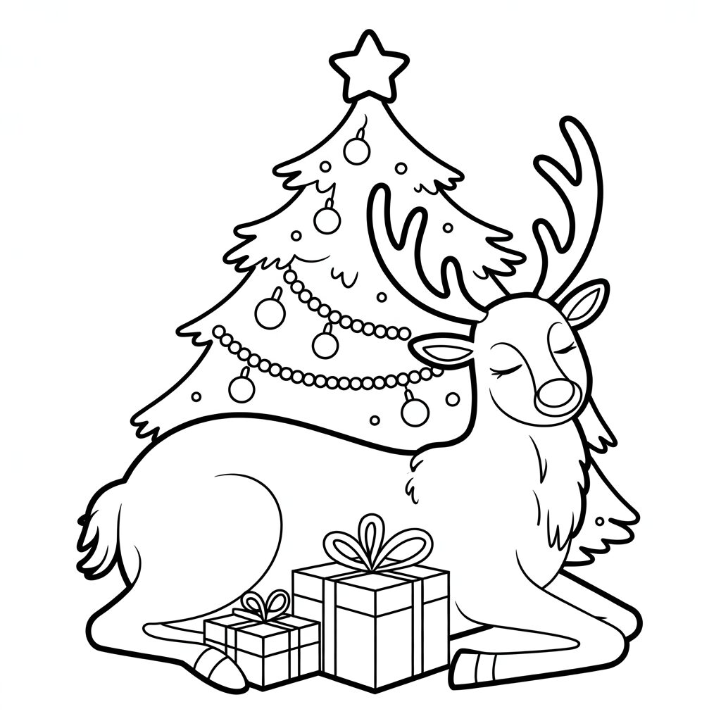 Renne calme sous le sapin – dessin à colorier
